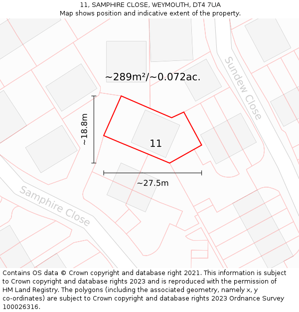 11, SAMPHIRE CLOSE, WEYMOUTH, DT4 7UA: Plot and title map