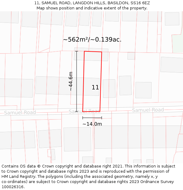 11, SAMUEL ROAD, LANGDON HILLS, BASILDON, SS16 6EZ: Plot and title map