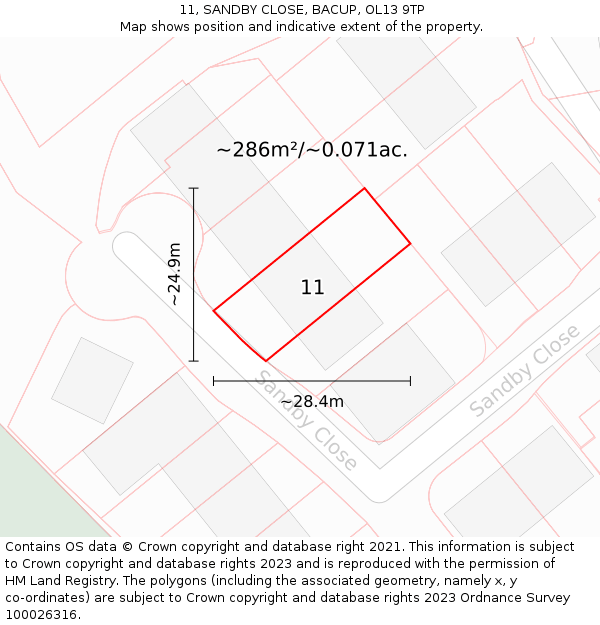 11, SANDBY CLOSE, BACUP, OL13 9TP: Plot and title map