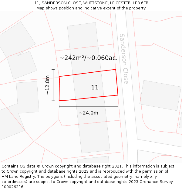 11, SANDERSON CLOSE, WHETSTONE, LEICESTER, LE8 6ER: Plot and title map