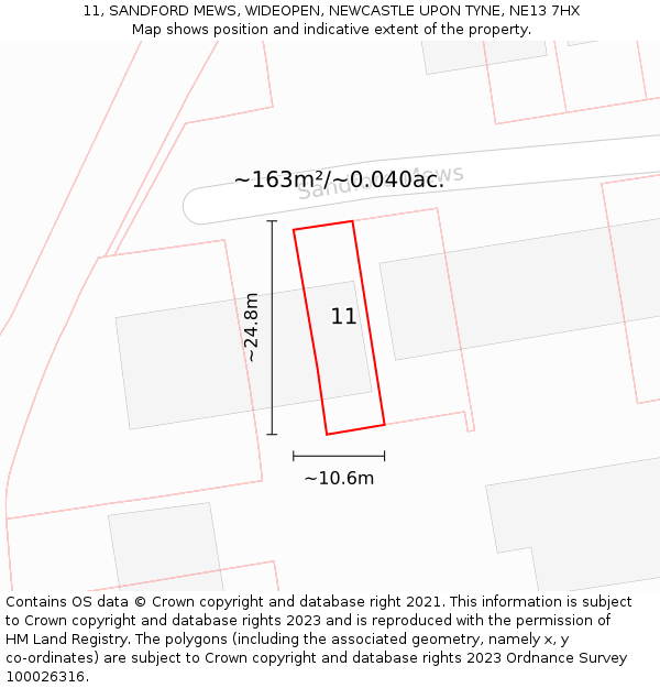 11, SANDFORD MEWS, WIDEOPEN, NEWCASTLE UPON TYNE, NE13 7HX: Plot and title map