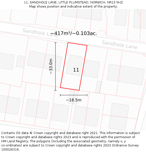 11, SANDHOLE LANE, LITTLE PLUMSTEAD, NORWICH, NR13 5HZ: Plot and title map