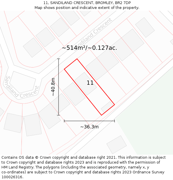 11, SANDILAND CRESCENT, BROMLEY, BR2 7DP: Plot and title map