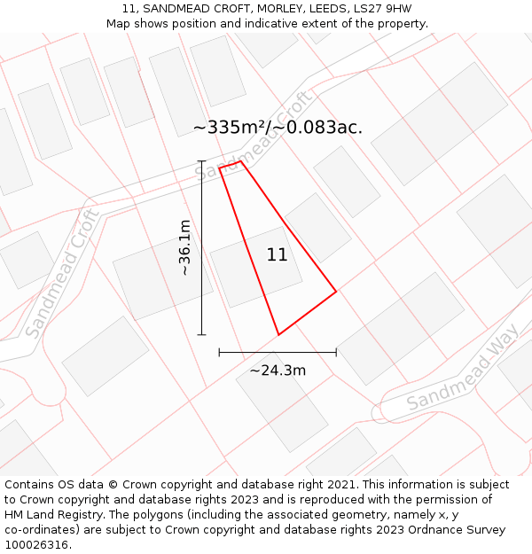 11, SANDMEAD CROFT, MORLEY, LEEDS, LS27 9HW: Plot and title map