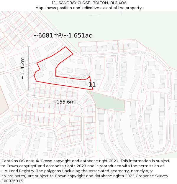 11, SANDRAY CLOSE, BOLTON, BL3 4QA: Plot and title map