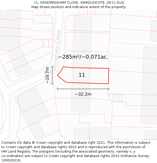 11, SANDRINGHAM CLOSE, SWADLINCOTE, DE11 0UQ: Plot and title map