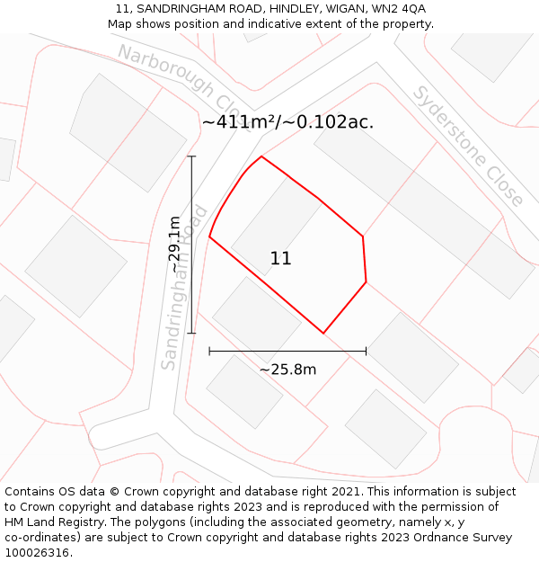 11, SANDRINGHAM ROAD, HINDLEY, WIGAN, WN2 4QA: Plot and title map