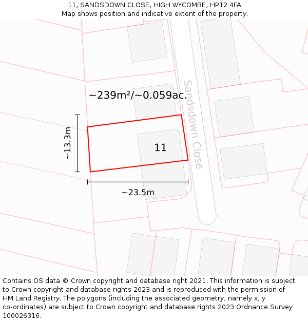 11, SANDSDOWN CLOSE, HIGH WYCOMBE, HP12 4FA: Plot and title map