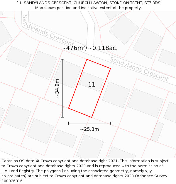 11, SANDYLANDS CRESCENT, CHURCH LAWTON, STOKE-ON-TRENT, ST7 3DS: Plot and title map