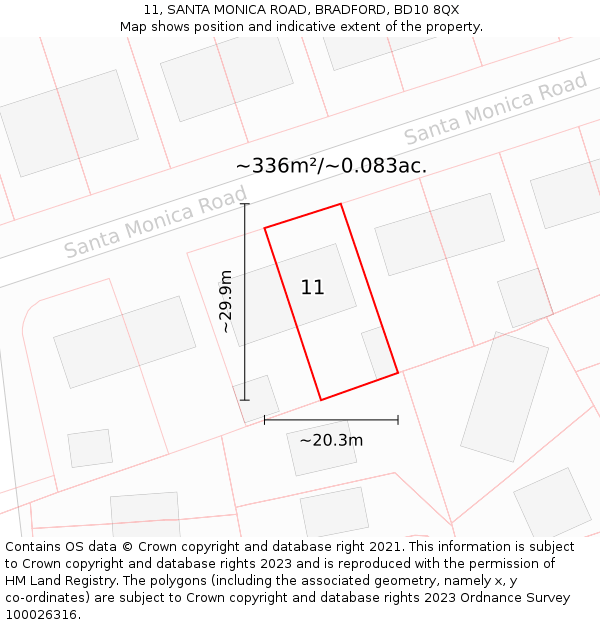 11, SANTA MONICA ROAD, BRADFORD, BD10 8QX: Plot and title map