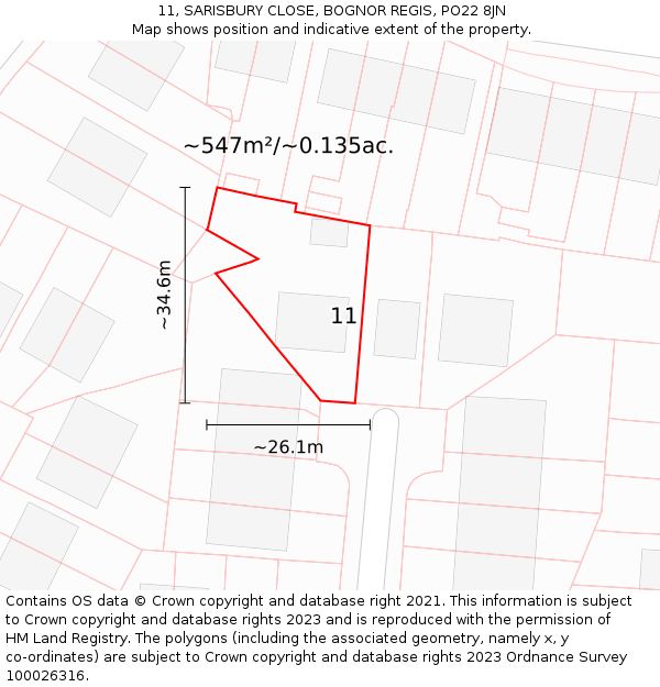 11, SARISBURY CLOSE, BOGNOR REGIS, PO22 8JN: Plot and title map