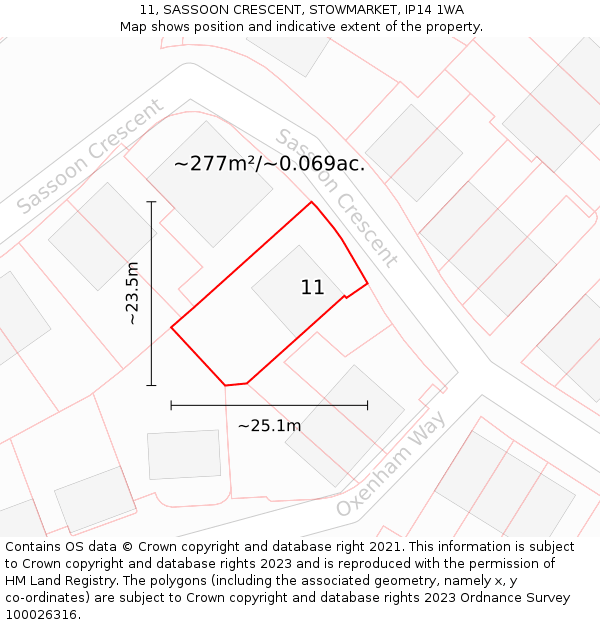 11, SASSOON CRESCENT, STOWMARKET, IP14 1WA: Plot and title map