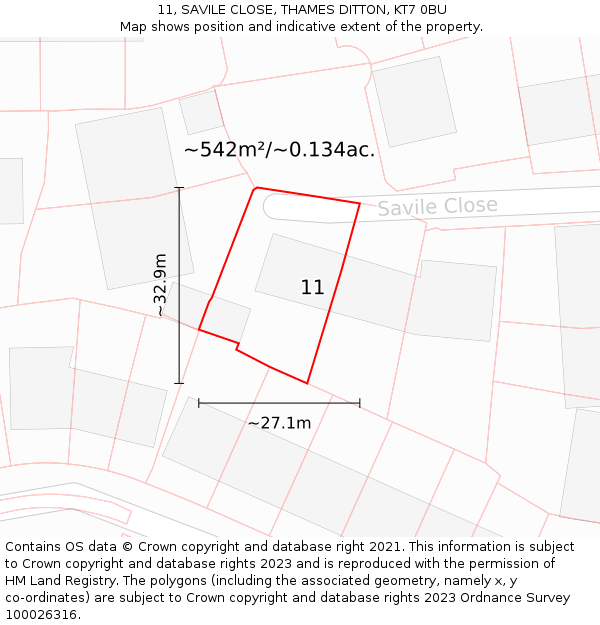 11, SAVILE CLOSE, THAMES DITTON, KT7 0BU: Plot and title map