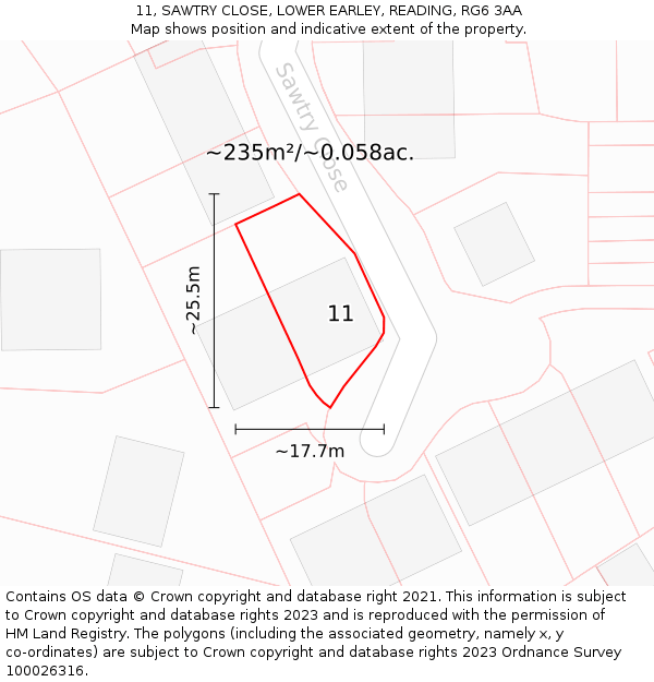 11, SAWTRY CLOSE, LOWER EARLEY, READING, RG6 3AA: Plot and title map