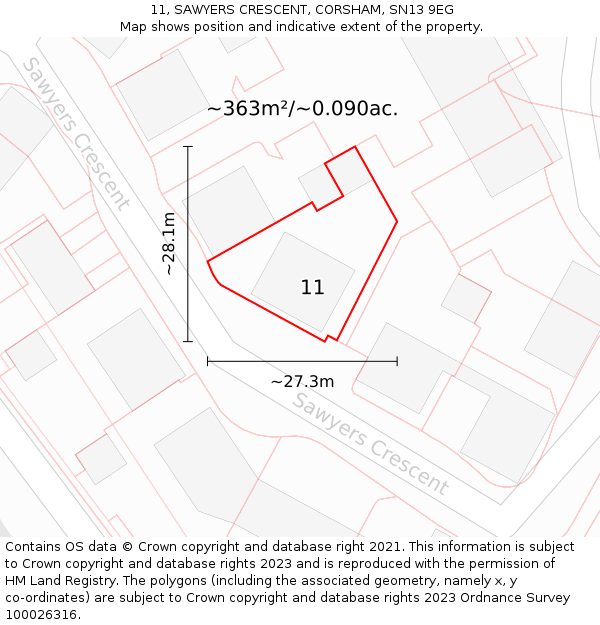 11, SAWYERS CRESCENT, CORSHAM, SN13 9EG: Plot and title map