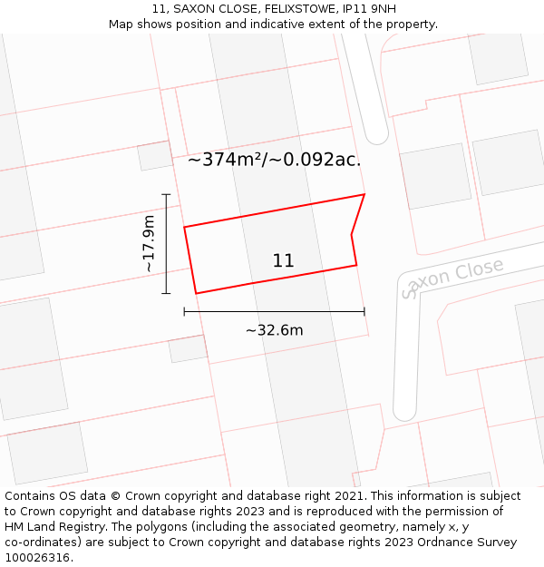 11, SAXON CLOSE, FELIXSTOWE, IP11 9NH: Plot and title map