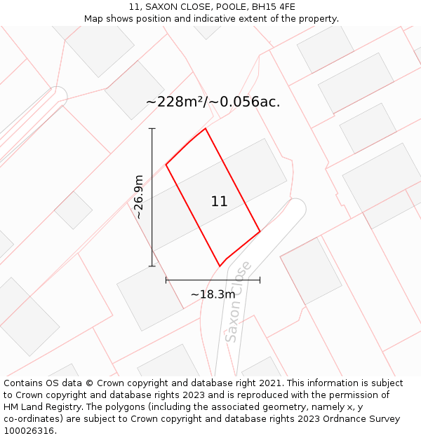 11, SAXON CLOSE, POOLE, BH15 4FE: Plot and title map