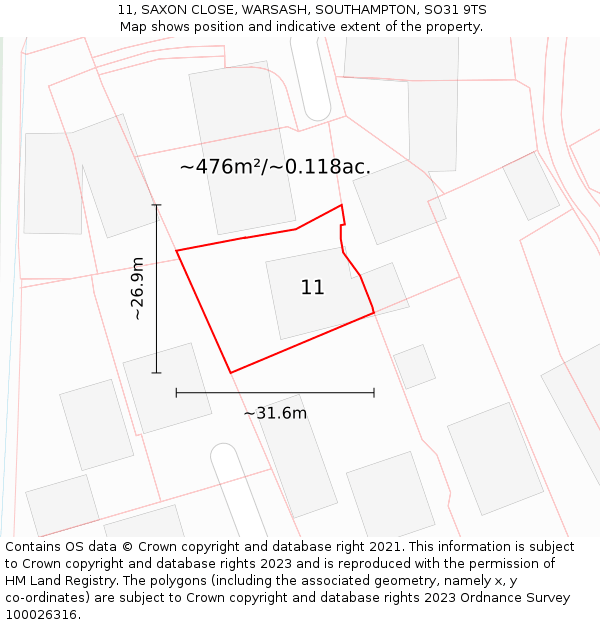 11, SAXON CLOSE, WARSASH, SOUTHAMPTON, SO31 9TS: Plot and title map