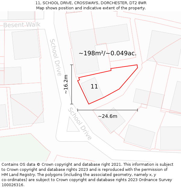 11, SCHOOL DRIVE, CROSSWAYS, DORCHESTER, DT2 8WR: Plot and title map