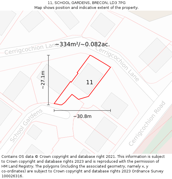 11, SCHOOL GARDENS, BRECON, LD3 7PG: Plot and title map