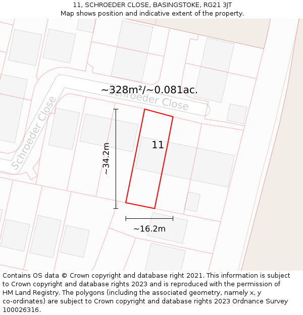 11, SCHROEDER CLOSE, BASINGSTOKE, RG21 3JT: Plot and title map