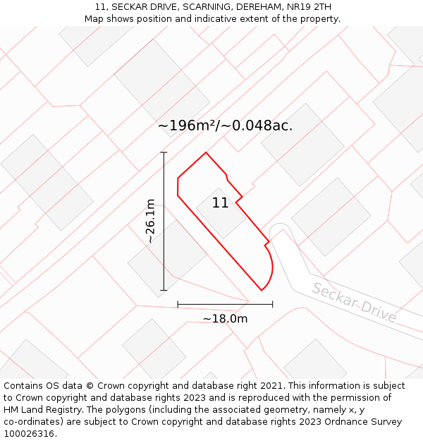 11, SECKAR DRIVE, SCARNING, DEREHAM, NR19 2TH: Plot and title map