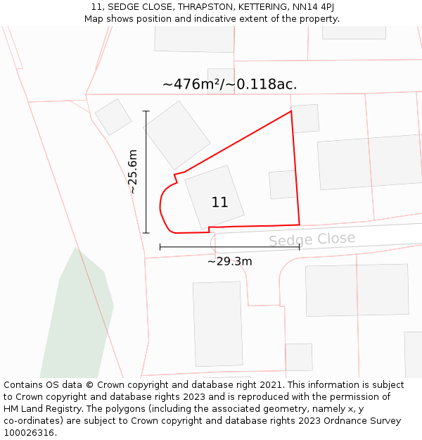 11, SEDGE CLOSE, THRAPSTON, KETTERING, NN14 4PJ: Plot and title map