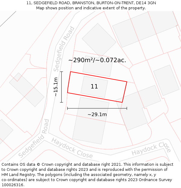 11, SEDGEFIELD ROAD, BRANSTON, BURTON-ON-TRENT, DE14 3GN: Plot and title map