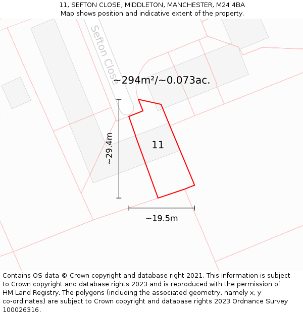 11, SEFTON CLOSE, MIDDLETON, MANCHESTER, M24 4BA: Plot and title map