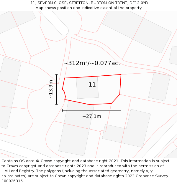 11, SEVERN CLOSE, STRETTON, BURTON-ON-TRENT, DE13 0YB: Plot and title map