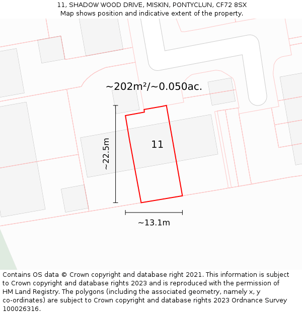 11, SHADOW WOOD DRIVE, MISKIN, PONTYCLUN, CF72 8SX: Plot and title map