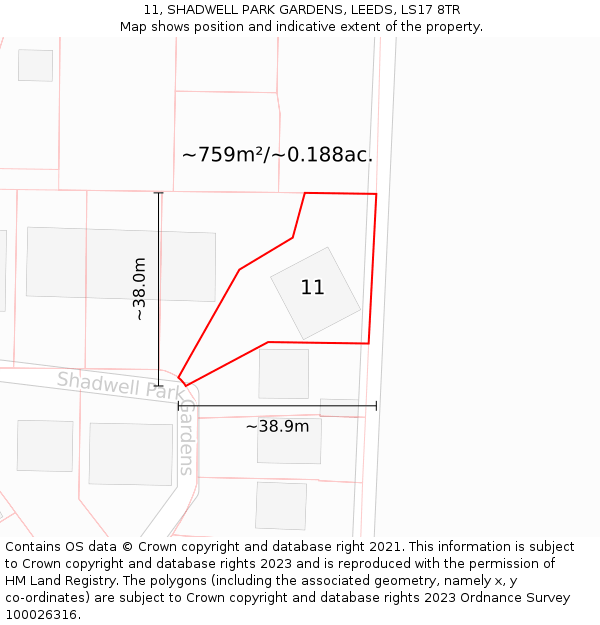 11, SHADWELL PARK GARDENS, LEEDS, LS17 8TR: Plot and title map