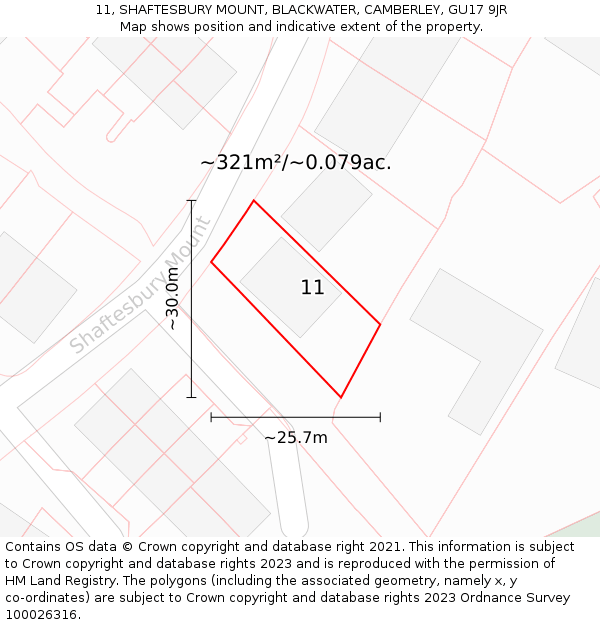 11, SHAFTESBURY MOUNT, BLACKWATER, CAMBERLEY, GU17 9JR: Plot and title map