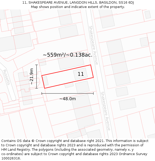 11, SHAKESPEARE AVENUE, LANGDON HILLS, BASILDON, SS16 6DJ: Plot and title map