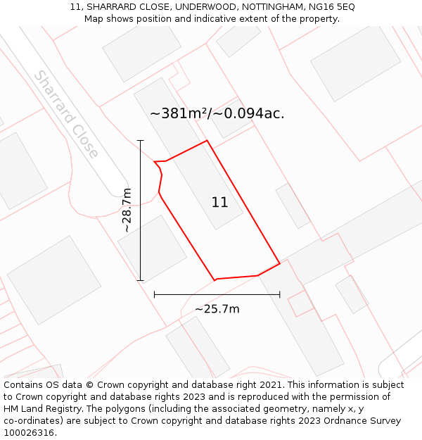 11, SHARRARD CLOSE, UNDERWOOD, NOTTINGHAM, NG16 5EQ: Plot and title map