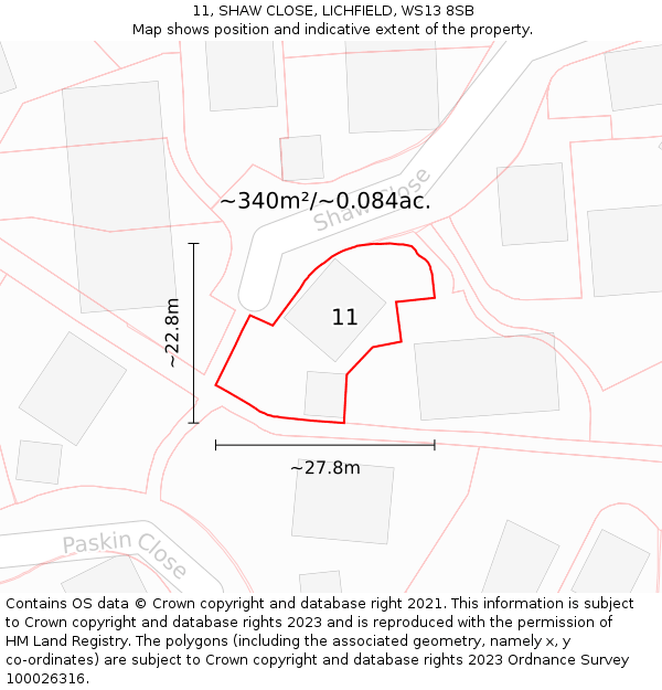 11, SHAW CLOSE, LICHFIELD, WS13 8SB: Plot and title map