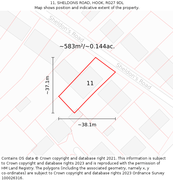 11, SHELDONS ROAD, HOOK, RG27 9DL: Plot and title map