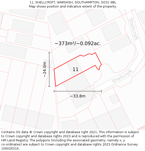 11, SHELLCROFT, WARSASH, SOUTHAMPTON, SO31 9BL: Plot and title map