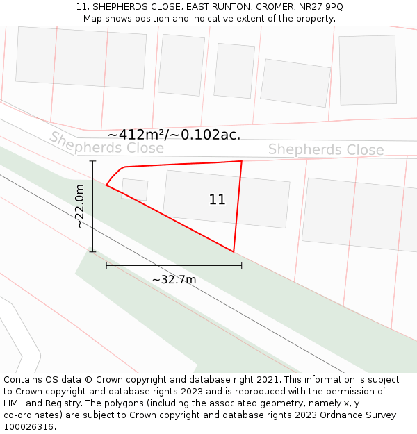 11, SHEPHERDS CLOSE, EAST RUNTON, CROMER, NR27 9PQ: Plot and title map