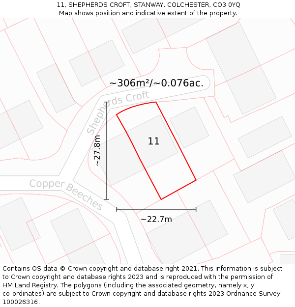 11, SHEPHERDS CROFT, STANWAY, COLCHESTER, CO3 0YQ: Plot and title map