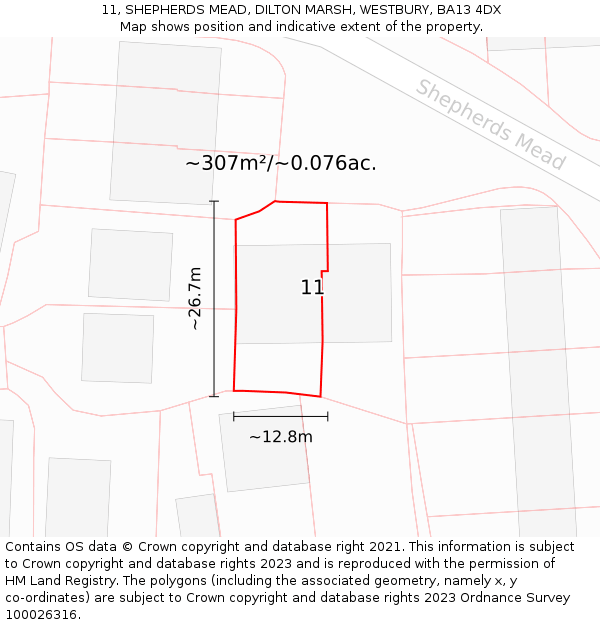 11, SHEPHERDS MEAD, DILTON MARSH, WESTBURY, BA13 4DX: Plot and title map