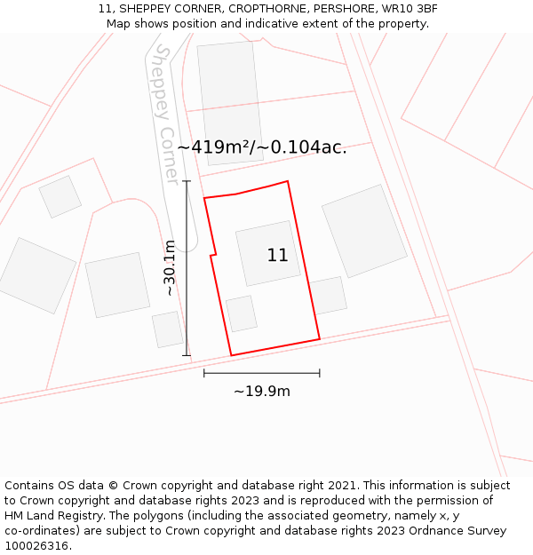11, SHEPPEY CORNER, CROPTHORNE, PERSHORE, WR10 3BF: Plot and title map