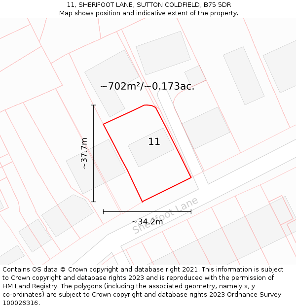 11, SHERIFOOT LANE, SUTTON COLDFIELD, B75 5DR: Plot and title map
