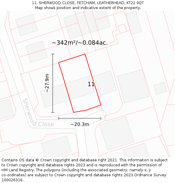 11, SHERWOOD CLOSE, FETCHAM, LEATHERHEAD, KT22 9QT: Plot and title map