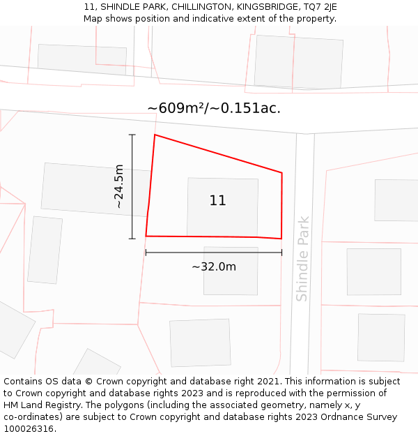 11, SHINDLE PARK, CHILLINGTON, KINGSBRIDGE, TQ7 2JE: Plot and title map