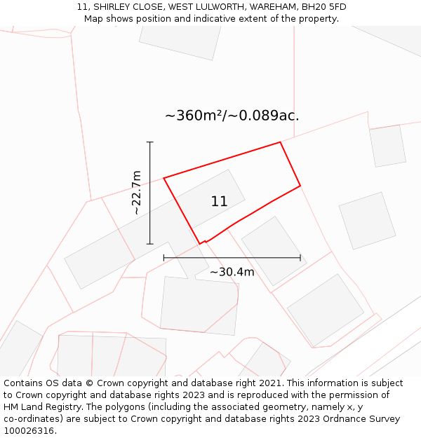 11, SHIRLEY CLOSE, WEST LULWORTH, WAREHAM, BH20 5FD: Plot and title map