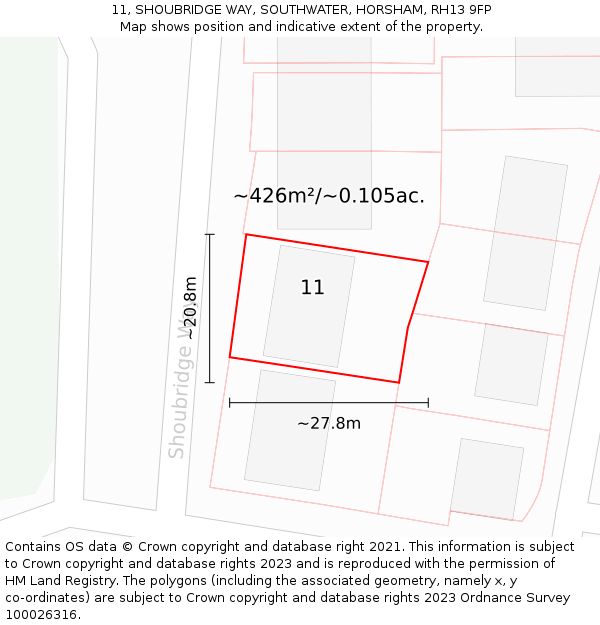11, SHOUBRIDGE WAY, SOUTHWATER, HORSHAM, RH13 9FP: Plot and title map