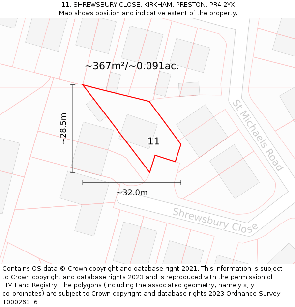 11, SHREWSBURY CLOSE, KIRKHAM, PRESTON, PR4 2YX: Plot and title map
