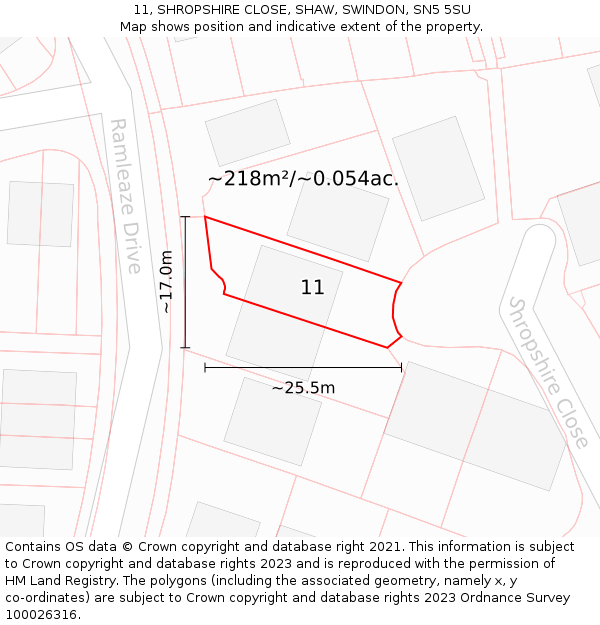 11, SHROPSHIRE CLOSE, SHAW, SWINDON, SN5 5SU: Plot and title map