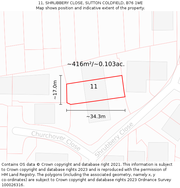 11, SHRUBBERY CLOSE, SUTTON COLDFIELD, B76 1WE: Plot and title map